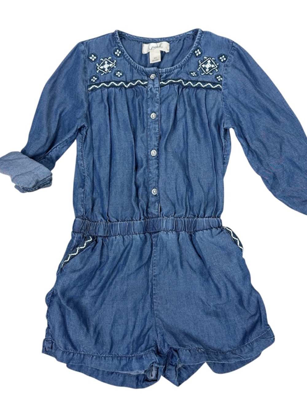Peek Girls' Blue Chambray Denim Embroidered Romper
